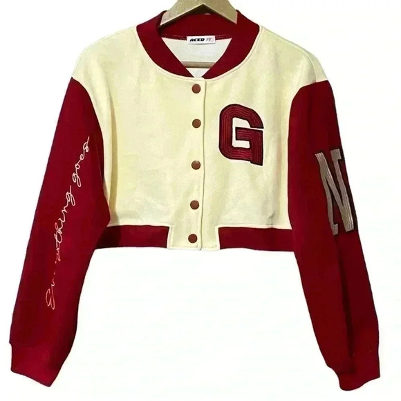 ACED IT Cropped Varsity Jacket M Cream Sporty Letterman Patches Academia NWT - Picture 1 of 10